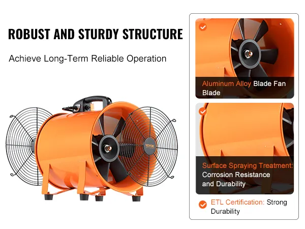 Ventilatore portatile VEVOR con lama in lega di alluminio, certificazione ETL e rivestimento resistente alla corrosione.