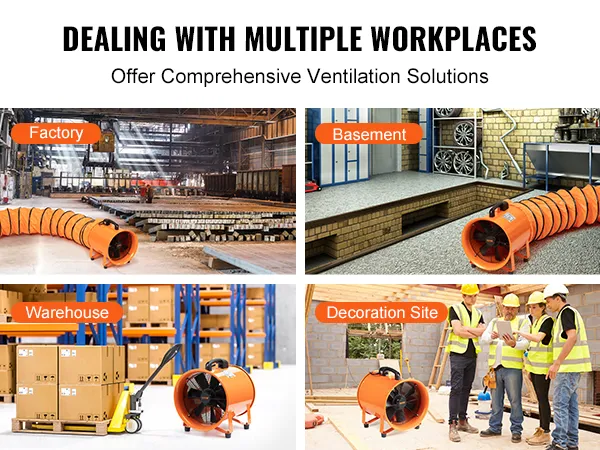 Ventilatore portatile VEVOR utilizzato in fabbriche, scantinati, magazzini e cantieri edili per soluzioni di ventilazione.