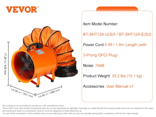 VEVOR portable ventilator, 79db noise, 5.9ft power cord with gfci plug, 33.2 lbs, user manual included.