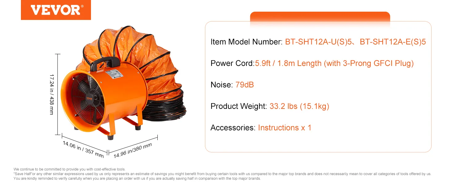 VEVOR portable ventilator, 79db noise, 5.9ft power cord with gfci plug, 33.2 lbs, user manual included.