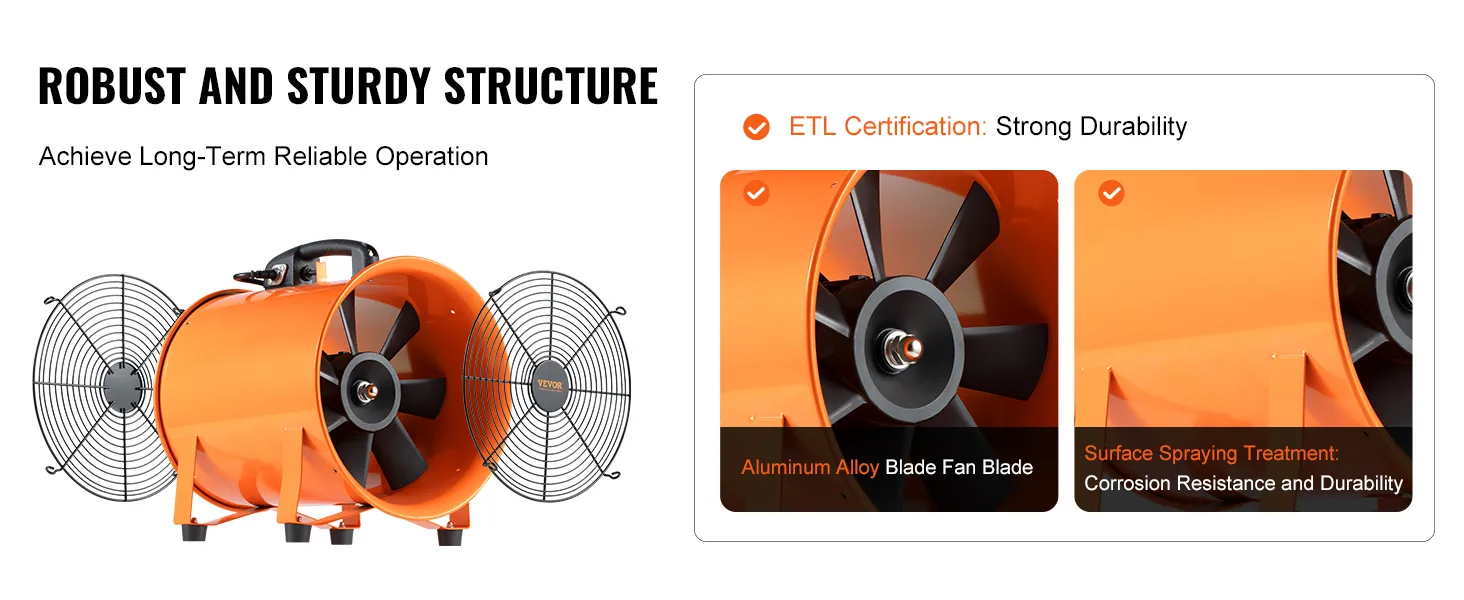 VEVOR portable ventilator featuring aluminum alloy blade, surface spraying treatment, etl certification.