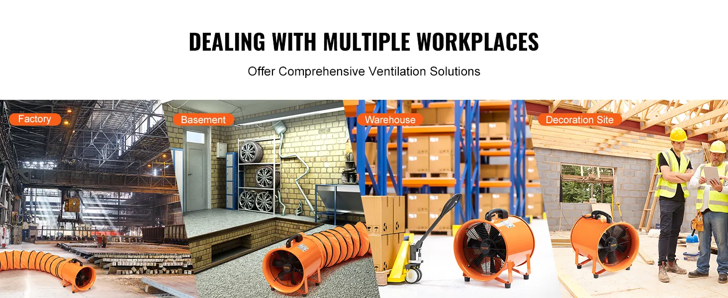 VEVOR portable ventilator showcased in factory, basement, warehouse, and decoration site environments.