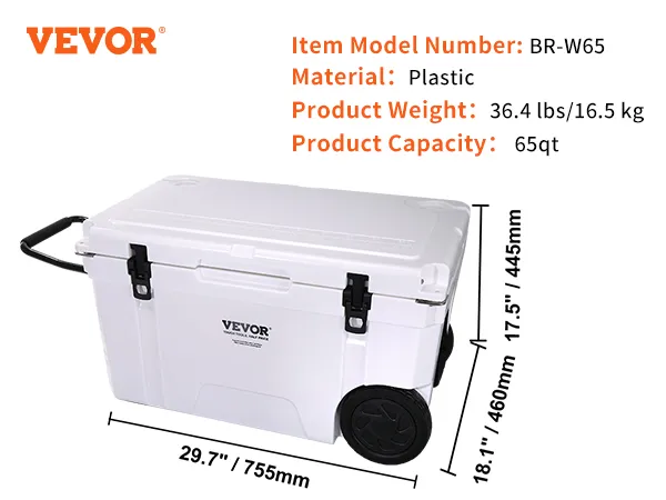 VEVOR insulated portable cooler, 65qt capacity, plastic, 36.4 lbs, white, with handle and wheels.