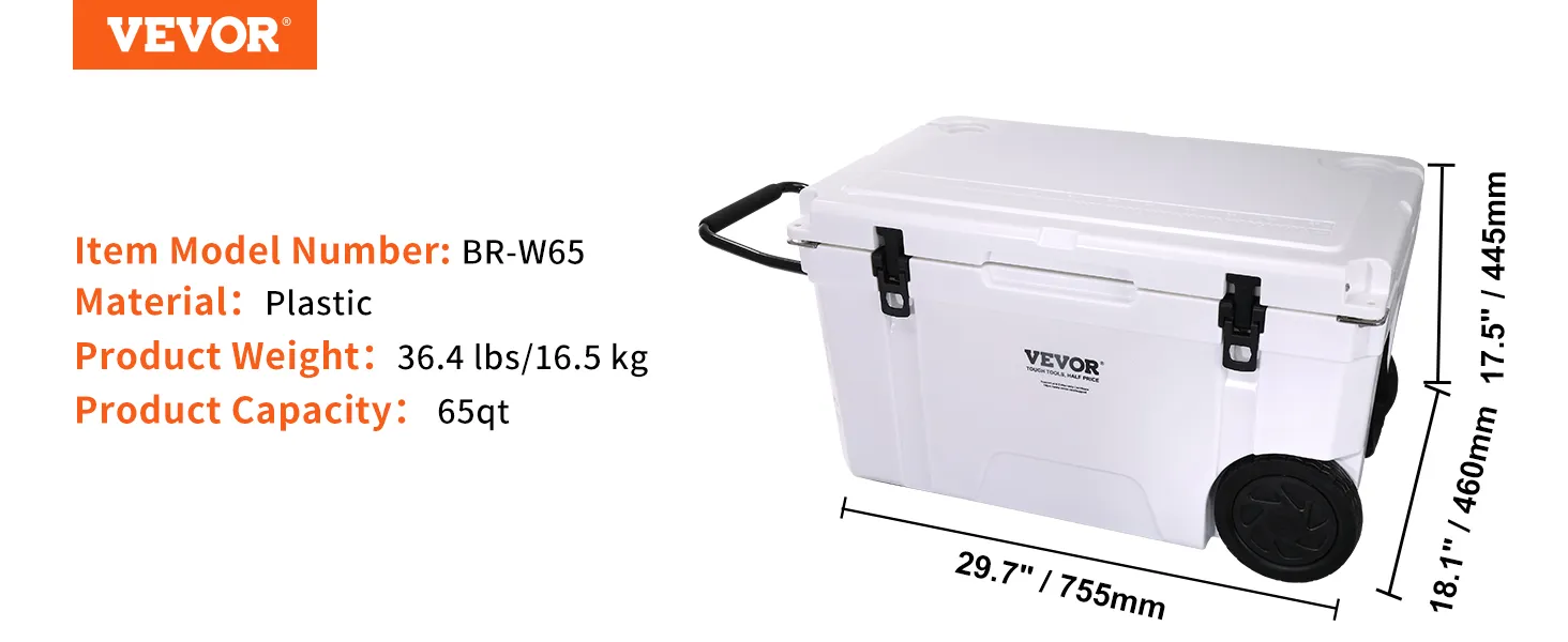 VEVOR insulated portable cooler, 65qt capacity, plastic, 36.4 lbs, white, with handle and wheels.