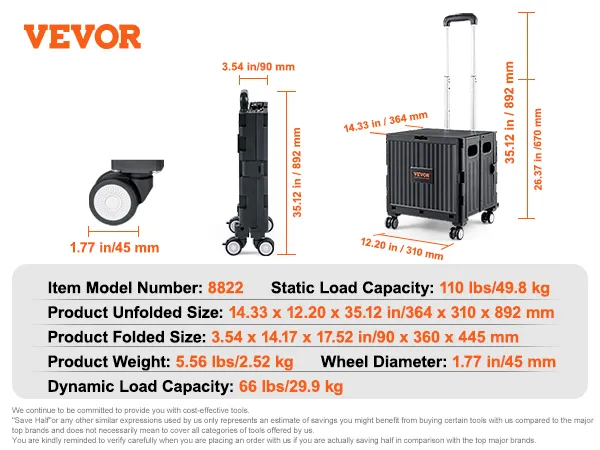 Carrito utilitario plegable VEVOR con asa, detalles de dimensiones y peso, número de modelo 8822.