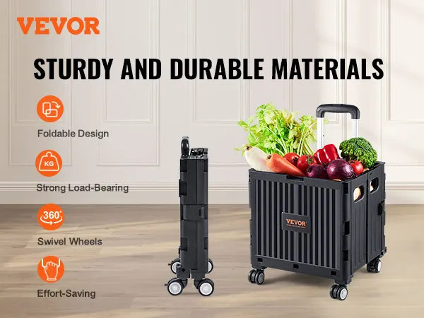 Carrito utilitario plegable VEVOR con comestibles, con ruedas giratorias y un diseño resistente que soporta cargas.