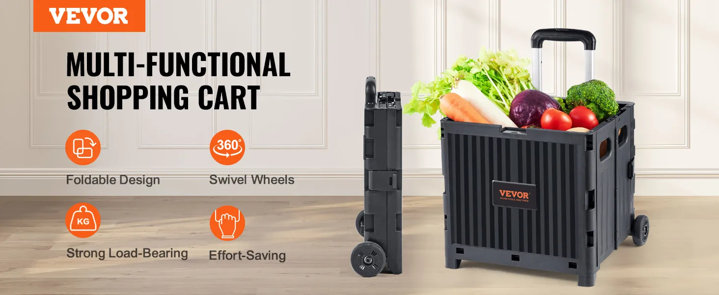 Carrito utilitario plegable VEVOR con comestibles, con ruedas giratorias y un diseño resistente que soporta cargas.