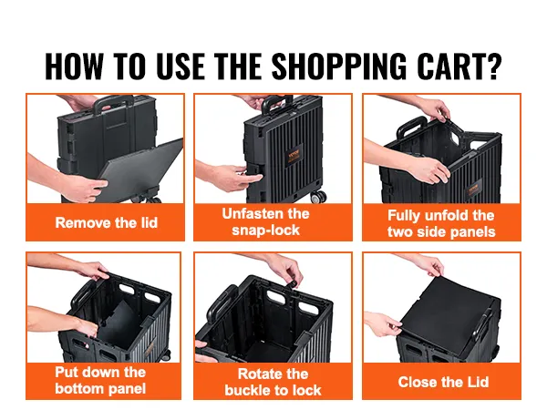 Instrucciones para ensamblar el carrito utilitario plegable VEVOR en seis pasos, con imágenes para cada paso.