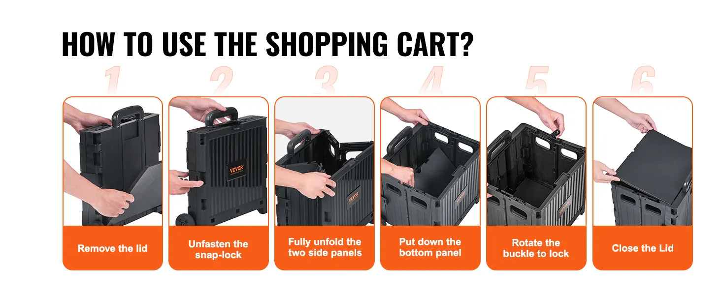 Instrucciones para ensamblar el carrito utilitario plegable VEVOR en seis pasos, con imágenes para cada paso.