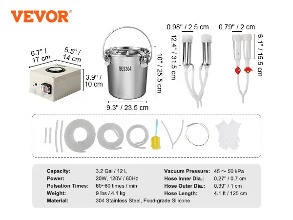 Componentes y especificaciones de la máquina de ordeño de cabras VEVOR, incluidos materiales de acero inoxidable y silicona.