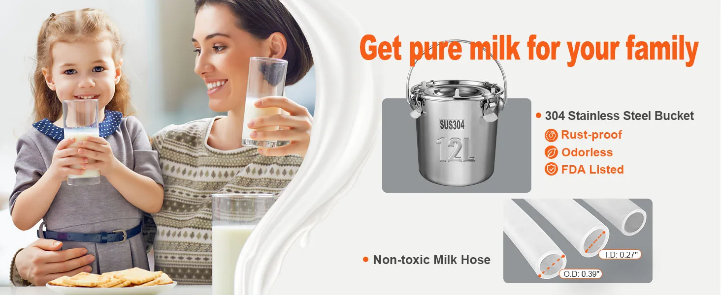 Obtenga leche pura con la máquina de ordeño de cabras VEVOR, que cuenta con un cubo de acero inoxidable y una manguera de leche no tóxica.