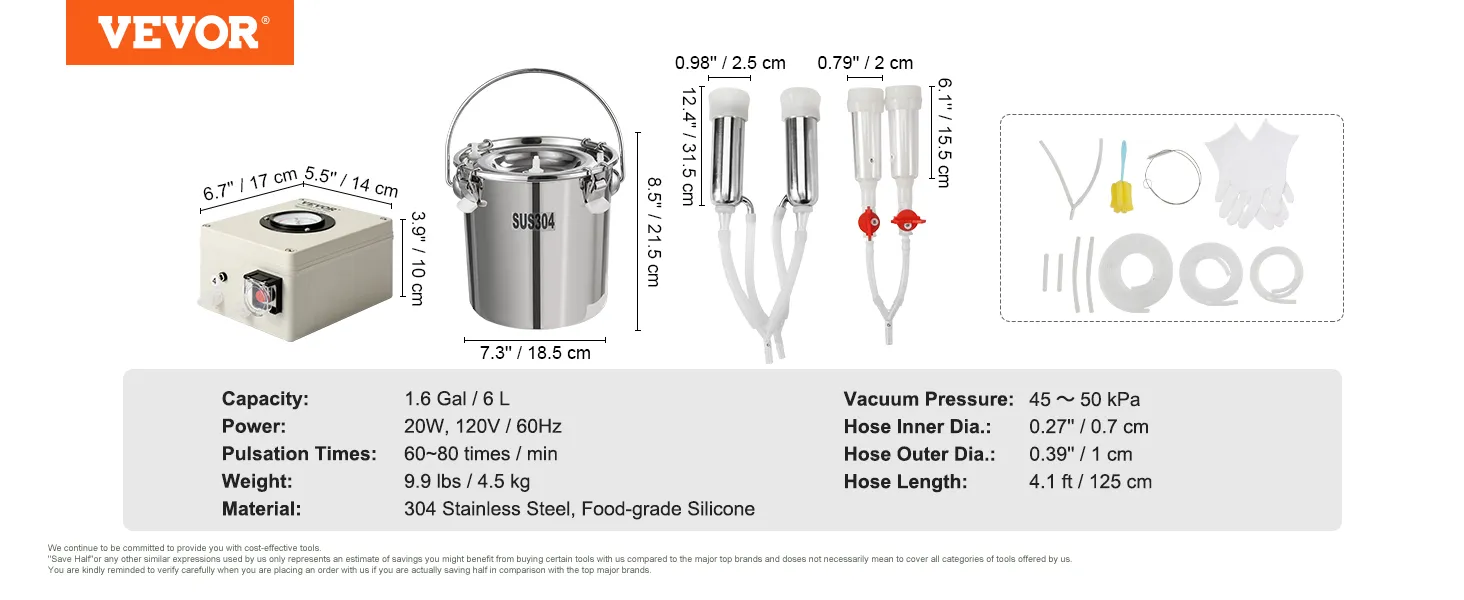 Ordeñadora de cabras VEVOR con capacidad de 1,6 galones, cubo de acero inoxidable y bomba de vacío.