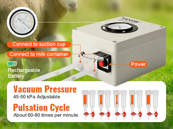 Ordeñadora de cabras VEVOR con vacuómetro, batería recargable, presión regulable, ciclo de pulsación.