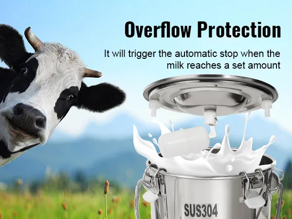 Vaca en un prado con máquina de ordeño de cabras VEVOR que muestra protección contra desbordamiento y diseño de acero inoxidable.