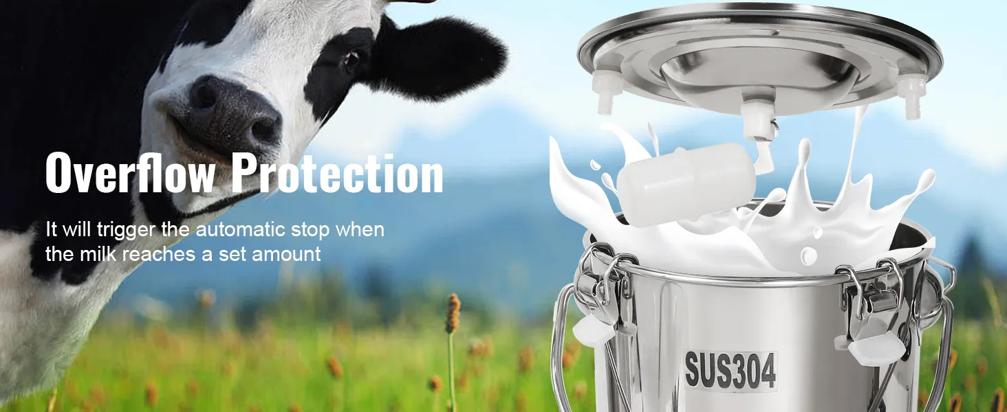 Vaca en un prado con máquina de ordeño de cabras VEVOR que muestra protección contra desbordamiento y diseño de acero inoxidable.
