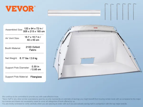 VEVOR portable paint booth: 210d oxford fabric, fiberglass poles, 120x84x72 inches, 6.17 lbs weight.