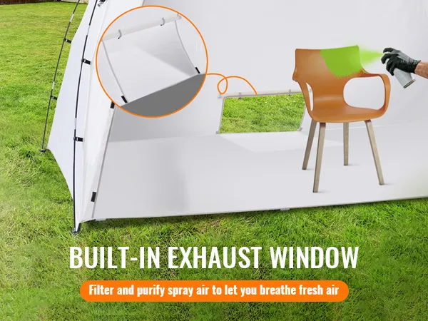 built-in exhaust window on VEVOR portable paint booth with a spray-painted chair in a grassy area.
