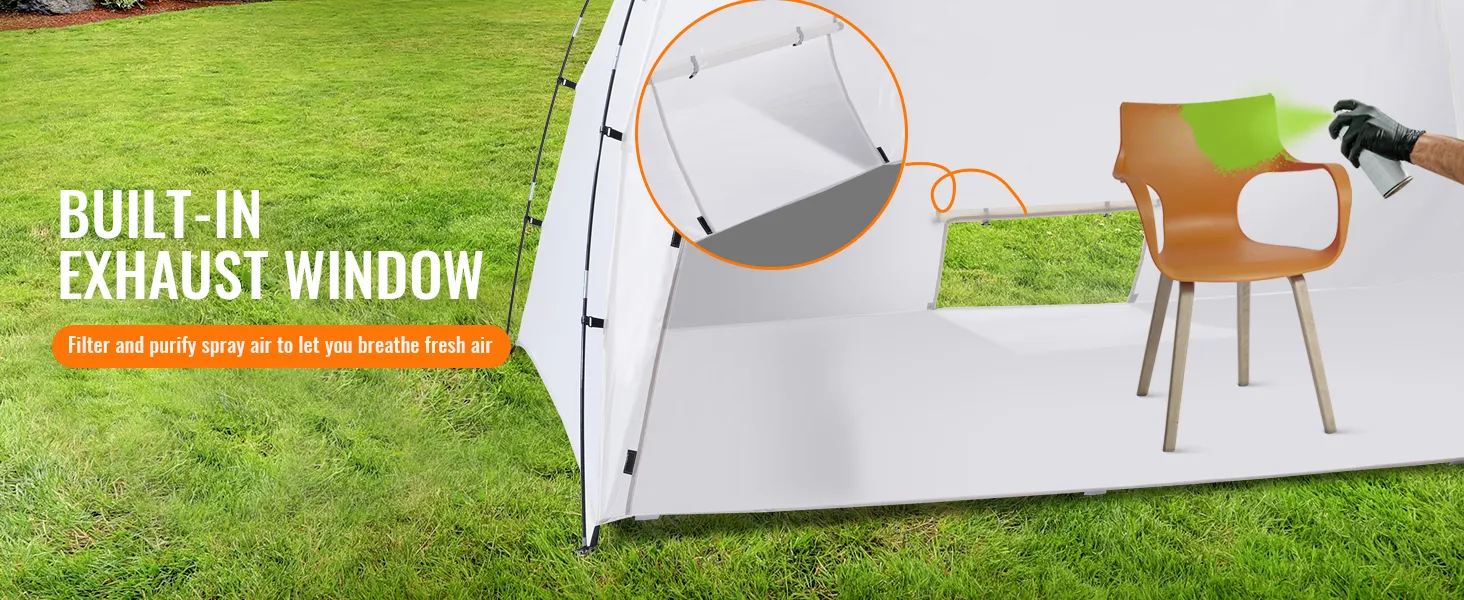 built-in exhaust window on VEVOR portable paint booth with a spray-painted chair in a grassy area.