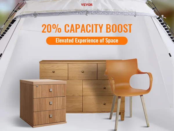 VEVOR portable paint booth showcasing spacious interior with wooden furniture and an orange chair.