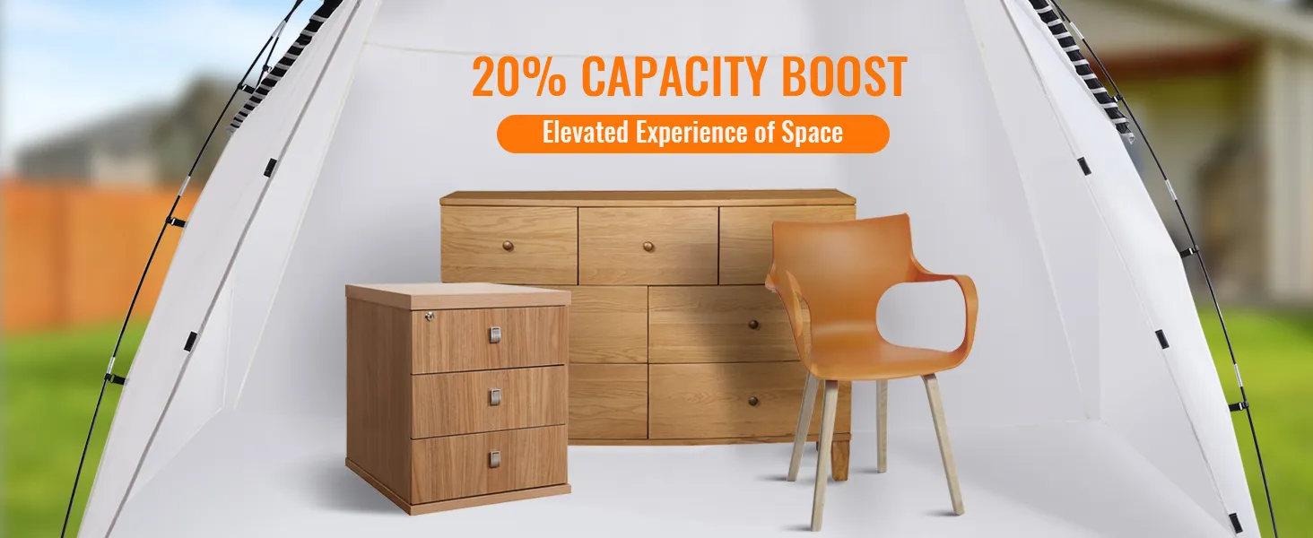 VEVOR portable paint booth showcasing spacious interior with wooden furniture and an orange chair.