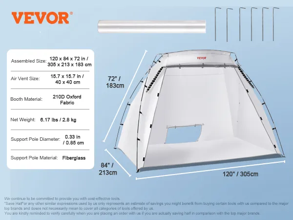 Tragbare Lackierkabine von VEVOR mit den Abmessungen 89,8 x 62,2 x 62,2 Zoll, Fiberglasstangen und Konstruktion aus Oxford-Gewebe.