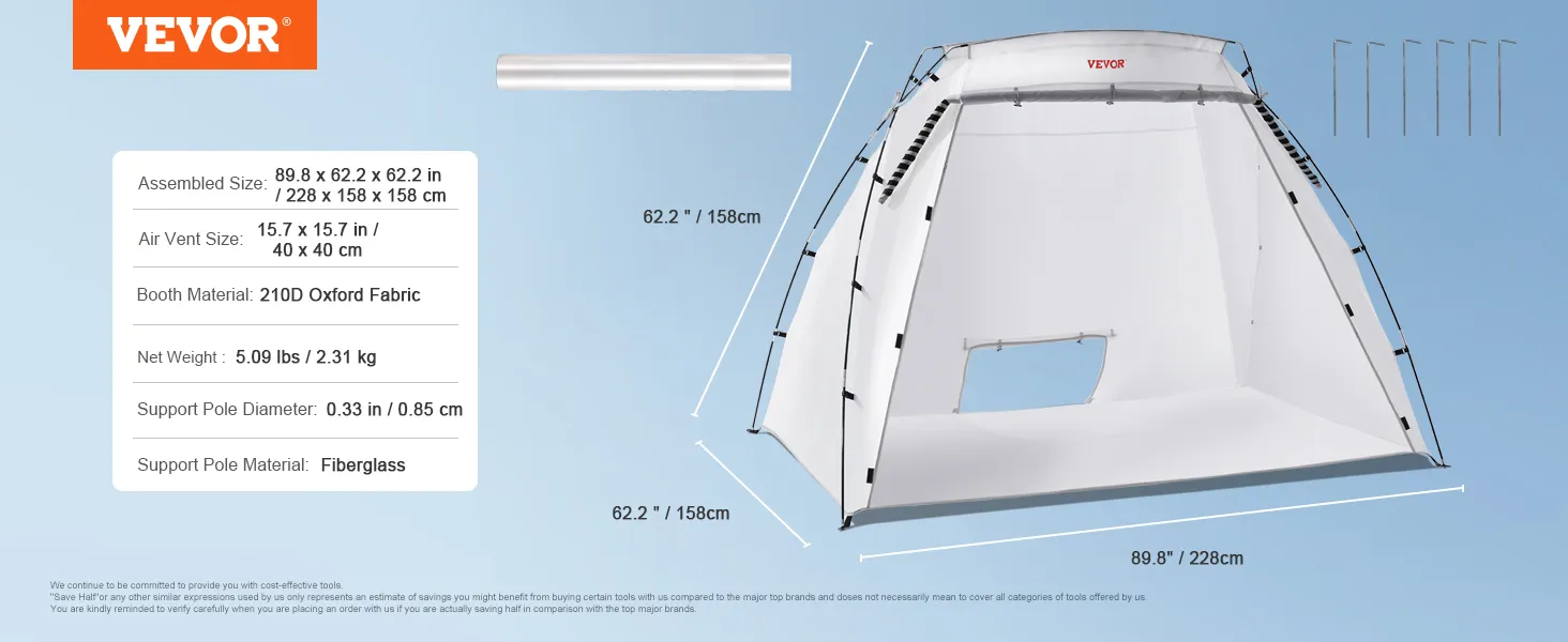 Tragbare Lackierkabine von VEVOR mit den Abmessungen 89,8 x 62,2 x 62,2 Zoll, Fiberglasstangen und Konstruktion aus Oxford-Gewebe.