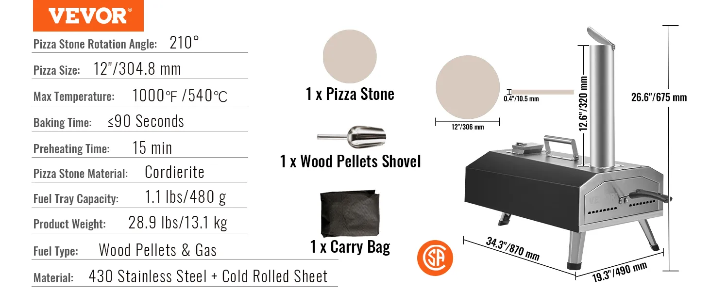 Horno de pizza para exterior VEVOR con piedra de cordierita para pizza, pala para pellets de madera y bolsa de transporte.