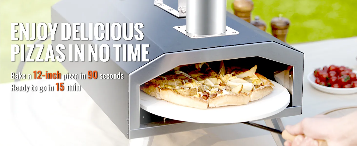 Horno de pizza para exterior VEVOR que hornea una pizza de 12 pulgadas en 90 segundos con ingredientes frescos y un fondo vibrante.