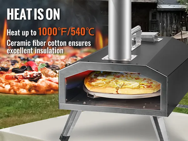 Horno de pizza para exterior VEVOR que calienta hasta 1000 °F/540 °C en medio de un exuberante jardín, aislamiento de cerámica que garantiza la calidad.