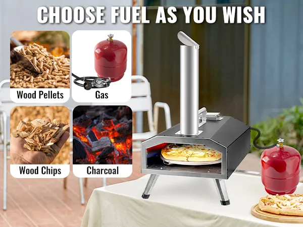 Horno de pizza para exterior VEVOR con opciones de combustible: pellets de madera, astillas de madera, carbón y gas.