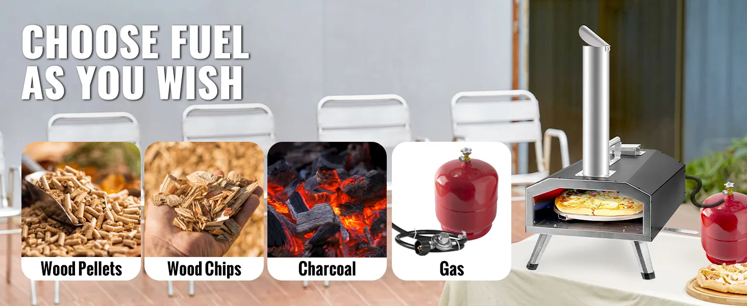 Horno de pizza para exterior VEVOR con opciones de combustible: pellets de madera, astillas de madera, carbón y gas.