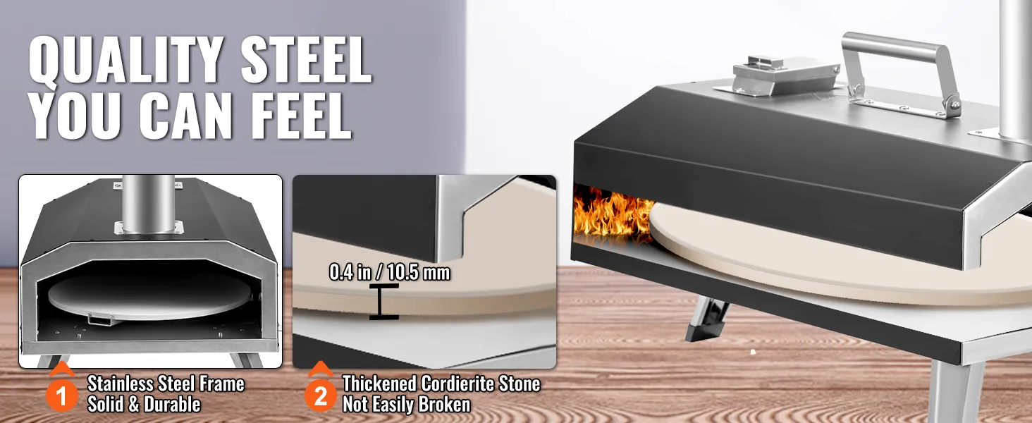 Horno de pizza para exterior VEVOR con marco de acero inoxidable y piedra de cordierita espesada, duradero y sólido.