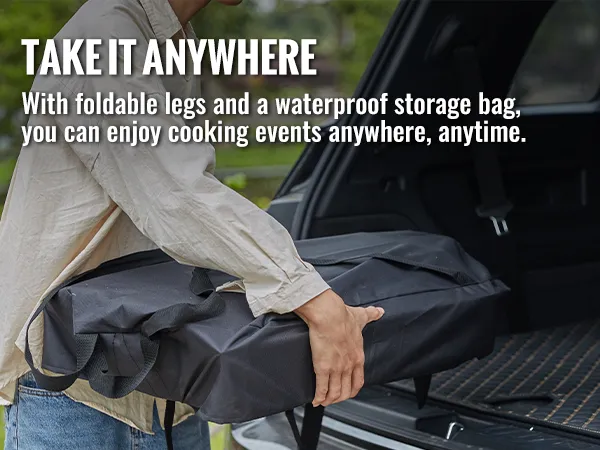 Persona colocando el horno de pizza para exteriores VEVOR en un automóvil, destacando la portabilidad con patas plegables y bolsa.