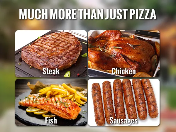 Horno de pizza para exteriores VEVOR en un entorno de patio trasero, que muestra versatilidad con carne, pollo, pescado y salchichas.