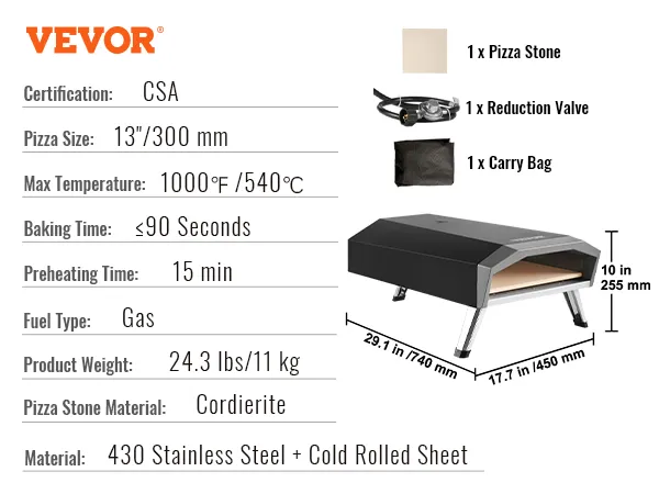 Horno de pizza a gas VEVOR, tamaño 13", 1000 °f máximo, precalentamiento de 15 minutos, incluye piedra para pizza, válvula reductora y bolsa de transporte.