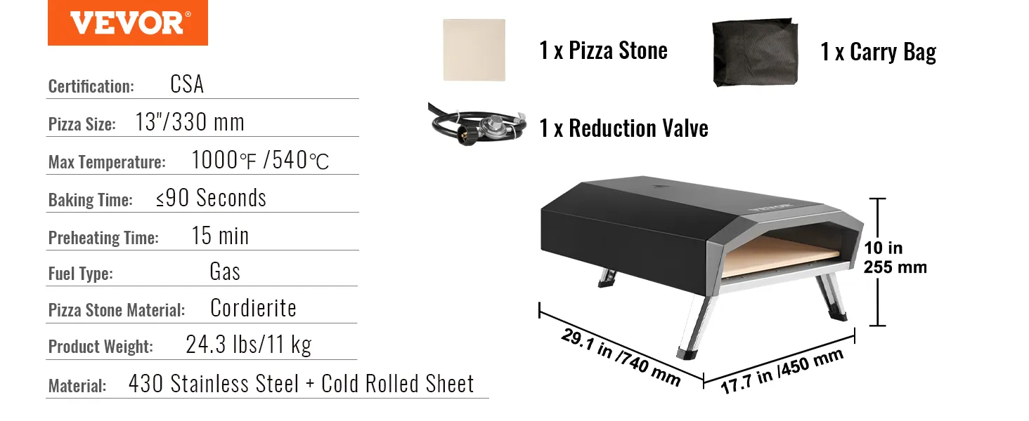 Horno de pizza a gas VEVOR, tamaño 13", 1000 °f máximo, precalentamiento de 15 minutos, incluye piedra para pizza, válvula reductora y bolsa de transporte.