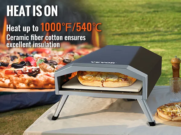 Horno de gas para pizza VEVOR que calienta hasta 1000 °F/540 °C, con pizza con aderezos y un excelente aislamiento.