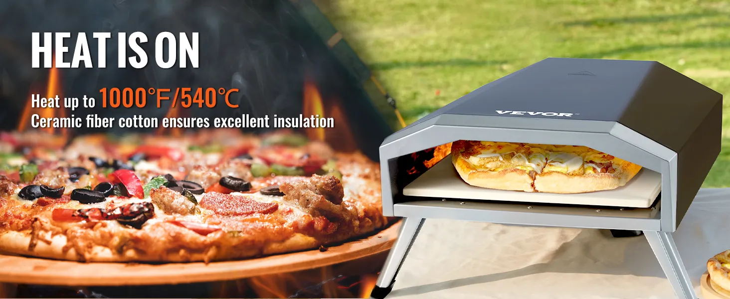 Horno de gas para pizza VEVOR que calienta hasta 1000 °F/540 °C, con pizza con aderezos y un excelente aislamiento.