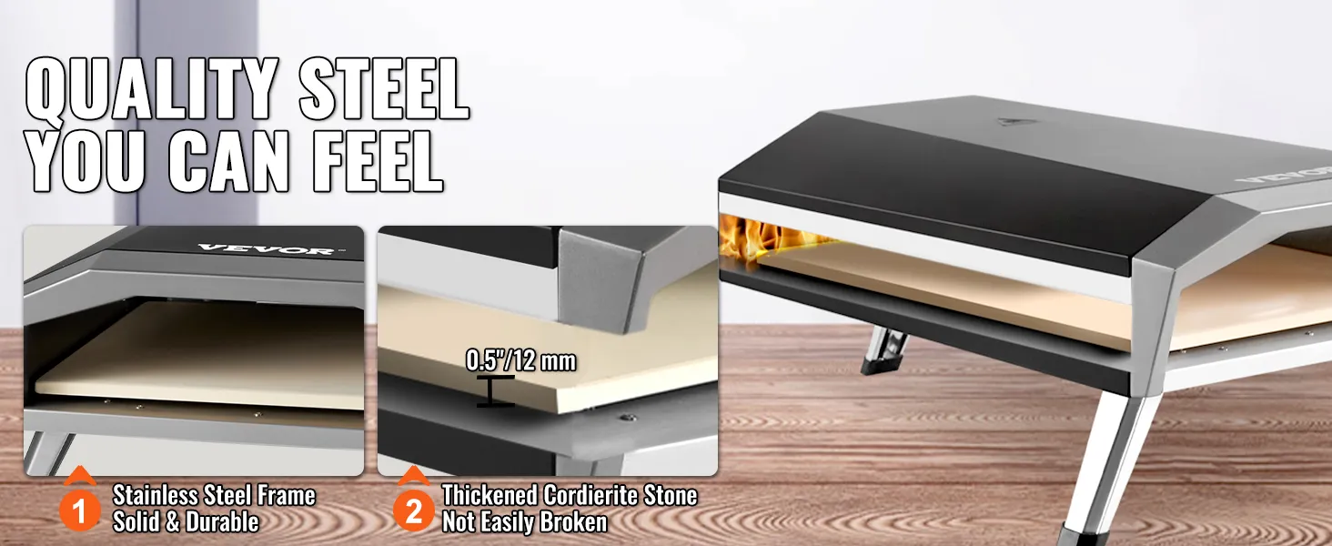 Horno de pizza a gas VEVOR con marco de acero inoxidable y piedra de cordierita engrosada para mayor durabilidad. acero de calidad.