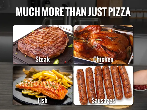 Horno de pizza a gas VEVOR que cocina pizza, filetes, pollo, pescado y salchichas en una cocina moderna.