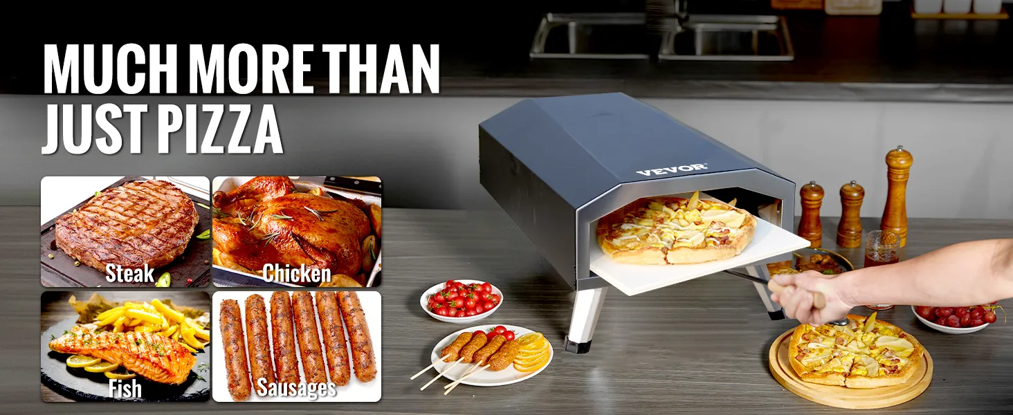 Horno de pizza a gas VEVOR que cocina pizza, filetes, pollo, pescado y salchichas en una cocina moderna.