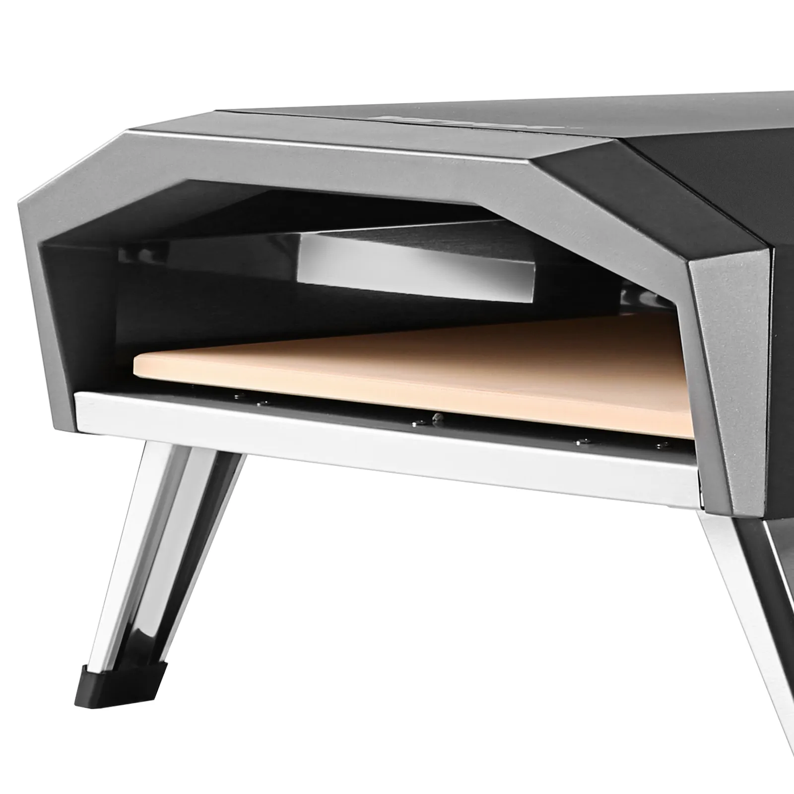 Horno de pizza a gas VEVOR con elegante diseño de metal negro e interior de ladrillo a la vista para uso doméstico.