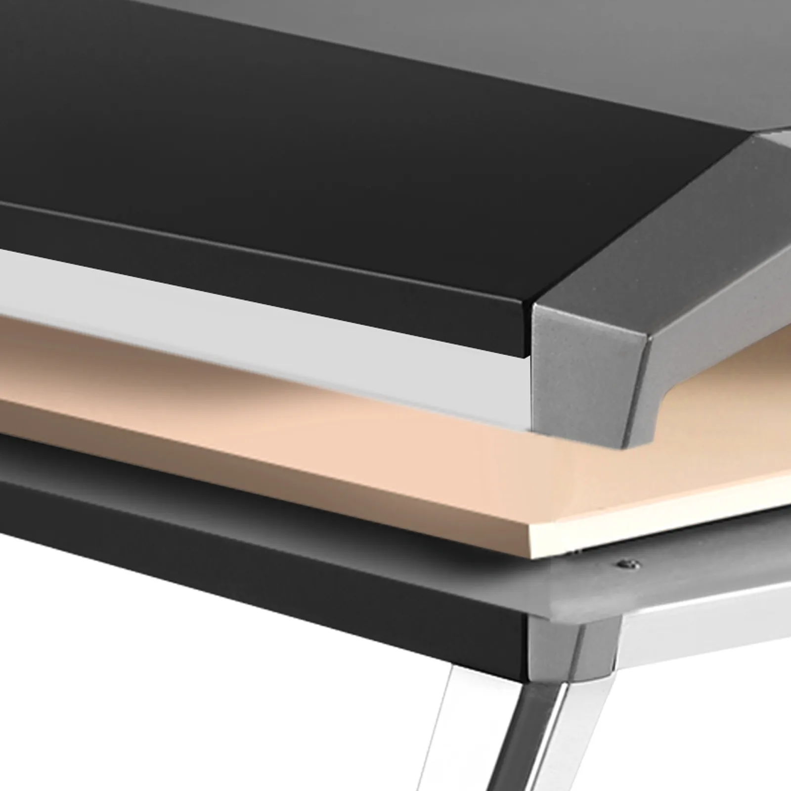 Primer plano de las capas del horno de pizza a gas VEVOR con elegantes materiales en negro, gris y beige.