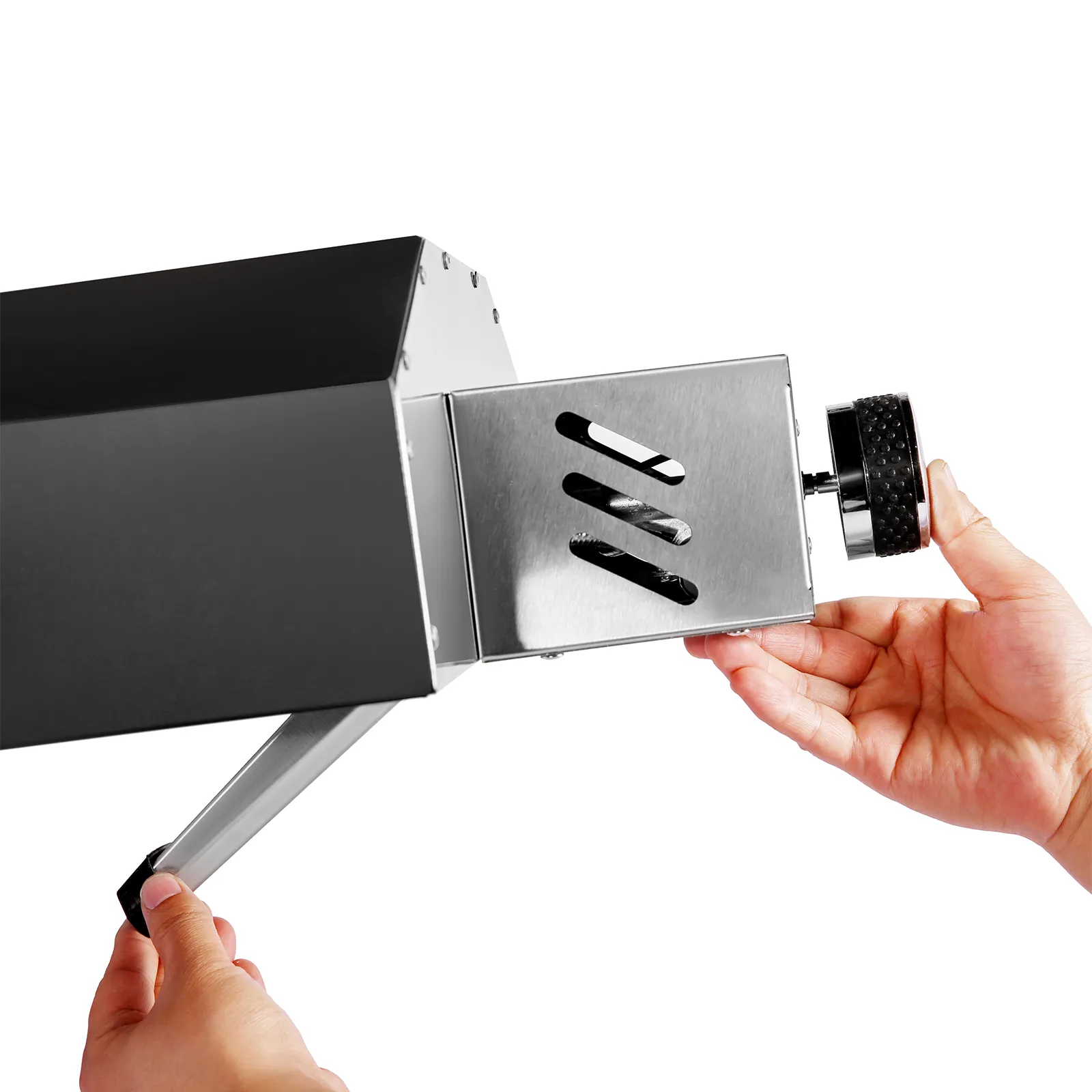 Perilla de ajuste en horno de pizza a gas VEVOR con acero inoxidable pulido y acabado negro.