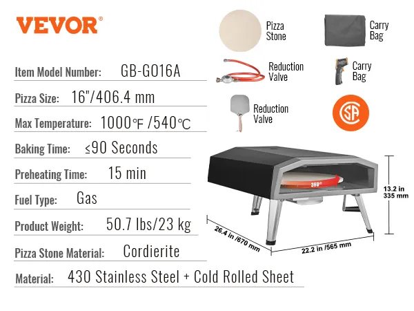 VEVOR outdoor pizza oven, 16", max temp 1000°f, gas, cordierite stone, includes pizza peel and carry bag.