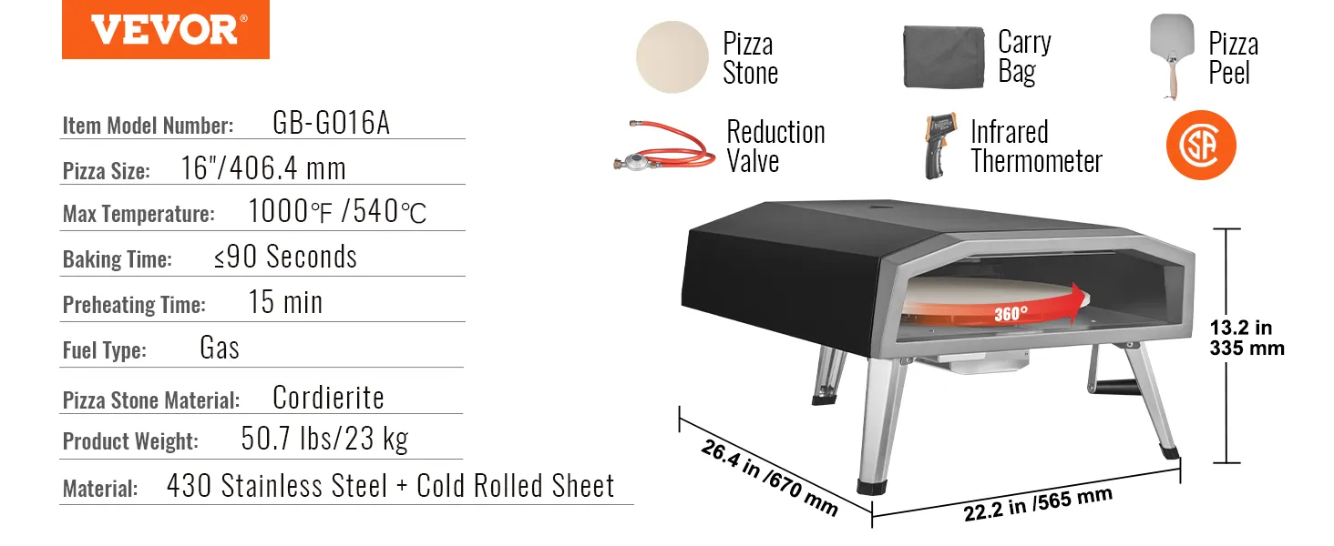 VEVOR outdoor pizza oven, 16", max temp 1000°f, gas, cordierite stone, includes pizza peel and carry bag.