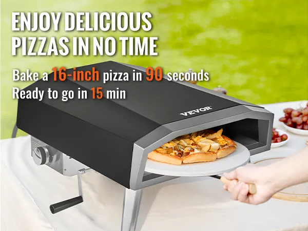 VEVOR outdoor pizza oven for 16-inch pizzas ready in 90 seconds, handheld peel in action.