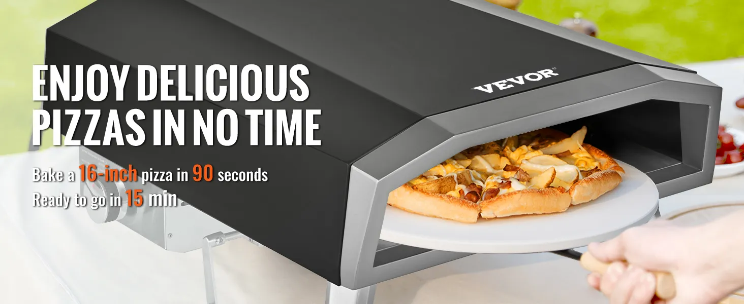 VEVOR outdoor pizza oven for 16-inch pizzas ready in 90 seconds, handheld peel in action.