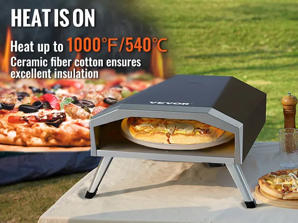 VEVOR outdoor pizza oven cooking a delicious pizza with high heat up to 1000°f/540°c.
