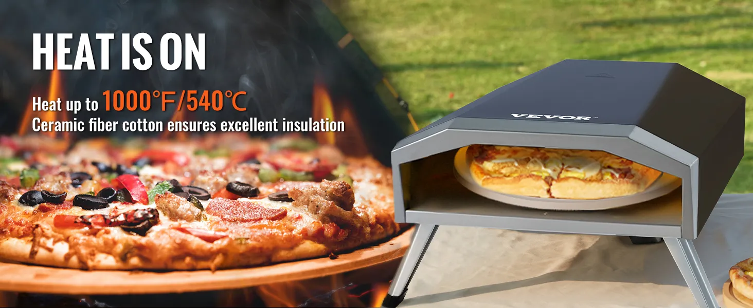 VEVOR outdoor pizza oven cooking a delicious pizza with high heat up to 1000°f/540°c.